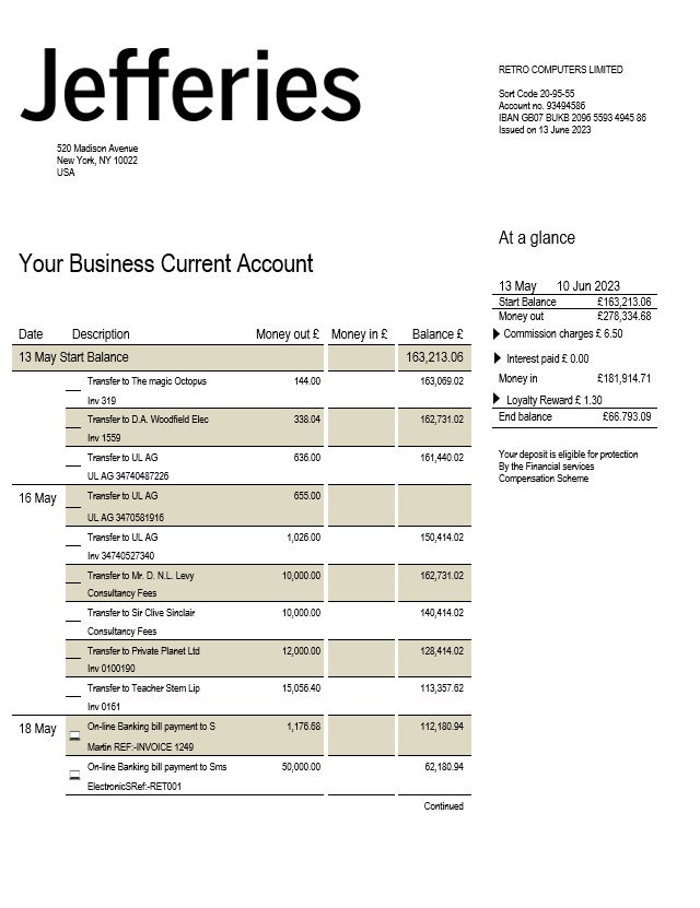 Modèle Word et PDF de relevé de compte courant de la société Jefferies Bank